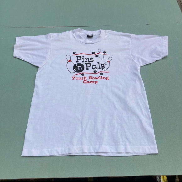 Vintage 90s fruitoftheloom graphic tee single stitch pins and pals bowling camp - Picture 1 of 3